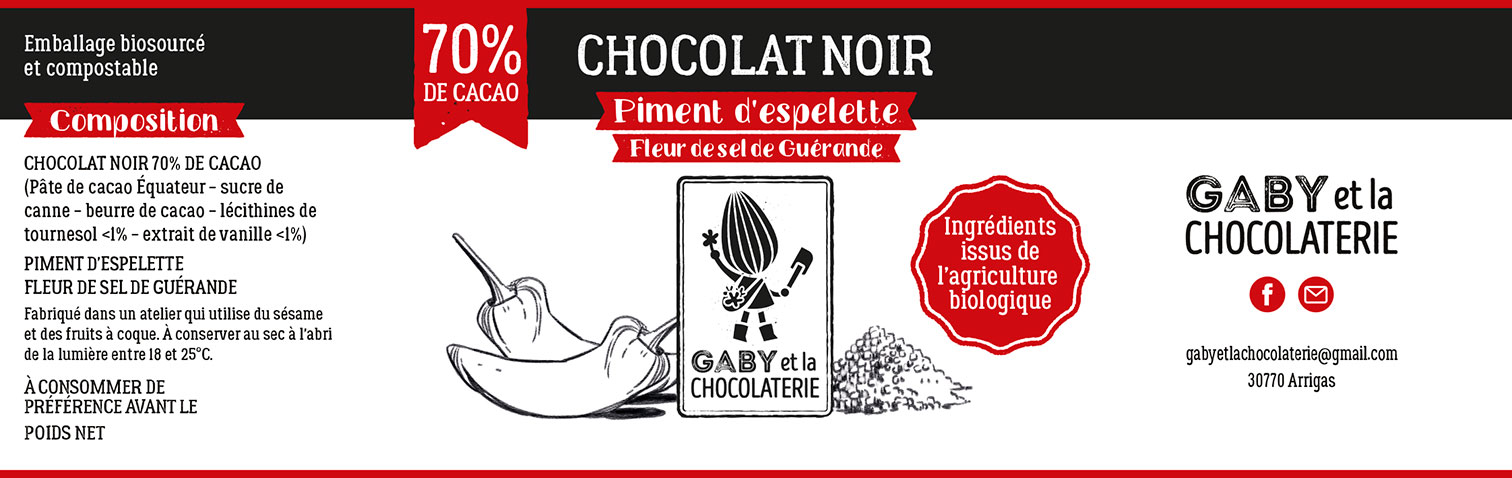 Gaby et la chocolaterie étiquette chocolat piment d’Espelette